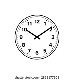 This image depicts an analog clock face with black hour and minute hands against a white background. The clock displays the time approximately ten minutes past two, with clear numerical markings.