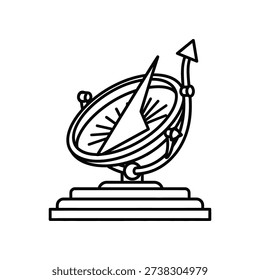 This image depicts an antique astrolabe, an ancient scientific instrument used for solving problems in astronomy, navigation, and surveying. The device includes a stylus, circular plates with markings, and an upright pointer, all mounted on a pedestal base. It was historically used to measure the inclined position of the Sun and stars relative to the horizon.