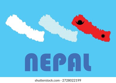 Esta imagem representa uma representação artística da bandeira do Nepal. A bandeira consiste em dois retângulos horizontais sobrepostos. O retângulo superior é branco e o retângulo inferior é vermelho com uma borda azul. O retângulo vermelho apresenta um sol estilizado com oito raios. Abaixo da ilustração da bandeira, a palavra 'NEPAL' está escrita em letras azul em negrito.
