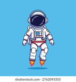 This image depicts an astronaut in a white spacesuit with red and yellow accents, floating in space with rocket boosters on their feet. The background is a bright blue color, giving the image a sense of depth and vastness. The astronaut's suit is detailed with various equipment and tools, conveying a sense of readiness for exploration and discovery. The overall mood of the image is one of excitement, adventure, and wonder, capturing the thrill of space travel and the human spirit of exploration.