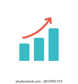 This image depicts a bar graph with three vertical bars and a red upward-trending arrow, presented as a flat vector illustration on a white background. The graphic represents growth and positive trends.