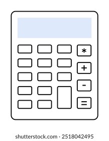 This image depicts a basic calculator featuring a display screen and buttons for numbers and arithmetic functions , -, , . Ideal for educational, office, finance, math, and personal use.