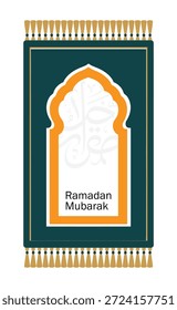 Esta Imagen representa una alfombra de oración bellamente diseñada con un saludo de Ramadán Mubarak. La alfombra presenta un arco central con patrones intrincados y caligrafía árabe. El fondo es de un rico color verde azulado, bordeado por un marco naranja, y adornado con borlas decorativas en la parte superior e inferior. El diseño general es elegante y festivo, celebrando el espíritu del Ramadán.