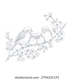 This image depicts birds perched on a flowering branch, rendered as a delicate vector silhouette. The artwork features a white background