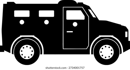 This image depicts a black armored truck, designed for security and protection. The vehicle features tinted windows, a reinforced structure, and a robust build, indicating its purpose for transporting valuable or sensitive materials.