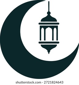 esta imagem retrata uma lua crescente negra com uma lanterna detalhada em seu centro, representando a fé islâmica e o espírito do ramadã.