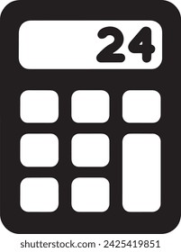 This image depicts the black silhouette of a calculator, showcasing the display with the number 24 and a keypad layout beneath. It represents mathematics, finance, accounting.