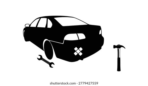 This image depicts a black silhouette of a car with a noticeable impact to the rear window, alongside a wrench and hammer, suggesting damage and repair.