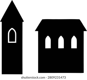 This image depicts a black silhouette of a church tower and adjacent rectory, featuring arched windows and a simple design. The graphic is presented on a transparent background, a