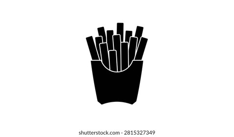 This image depicts a black silhouette of french fries contained within a cardboard container, set against a white background. The distinctive feature is its silhouette style, offering a simple and graphic representation of the food