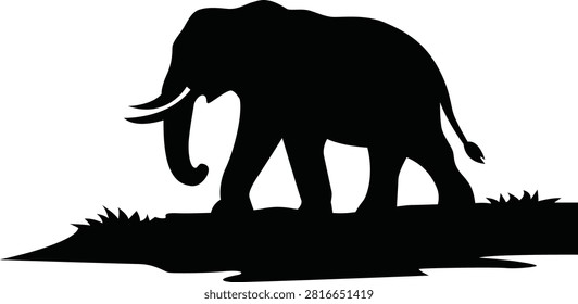 This image depicts a black silhouette of an elephant standing on grassland, set against a white background. It's a graphic