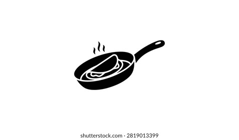 This image depicts a black silhouette of a frying pan containing a fish, rendered as a vector graphic. The image features a white background and the distinctive style is a solid, dark silhouette.