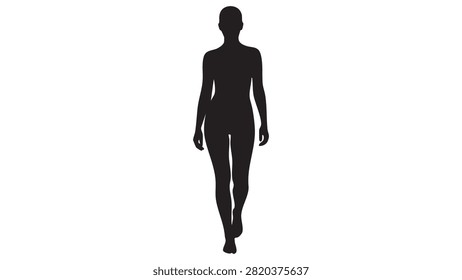 This image depicts a black silhouette of a woman against a white background. The figure is shown in a walking pose with a minimalist
