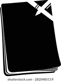 This image depicts a black silhouette of an open notebook with a pen resting on top, set against a white background. The notebook appears