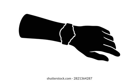 This image depicts a black silhouette of a wristwatch on a human arm, set against a white background. The graphic is a flat, monochrome illustration.