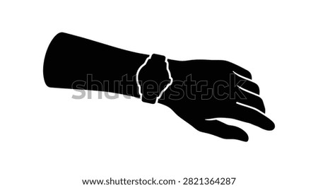 This image depicts a black silhouette of a wristwatch on a human arm, set against a white background. The graphic is a flat, monochrome illustration.