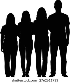 This image depicts the black silhouettes of four people standing side by side in profile view. The figures include three individuals with long hair and one with short hair. The silhouettes are aligned closely, and the background is plain white, emphasizing the shapes and forms of the individuals.