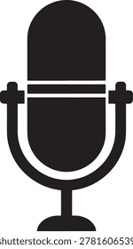 This image depicts a black and white silhouette of a vintage-style microphone. The microphone has a rounded top and a horizontal line near the upper part, with a stand supporting it. The design is minimalistic, resembling an old-fashioned broadcast microphone with a base and two side handles.