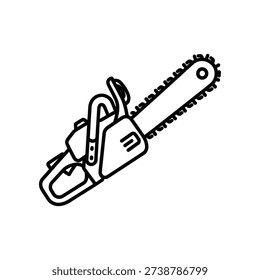 This image depicts a black-and-white line drawing of a chainsaw. The illustration emphasizes the cutting bar, chain, and handle, showcasing the typical design elements of a manual chainsaw. The chainsaw is oriented diagonally, with the handle positioned towards the bottom left and the cutting bar extending towards the top right.