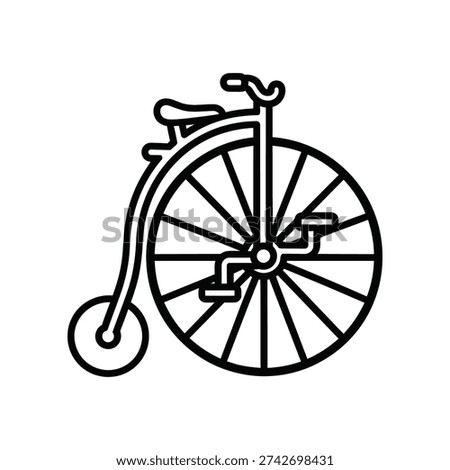 This image depicts a black-and-white line drawing of a high-wheeled bicycle, also known as a penny-farthing. The design features a large front wheel and a smaller rear wheel, with a saddle and handlebars positioned above the front wheel. The bicycle has a minimalist and elegant appearance, reminiscent of late 19th-century cycling styles.