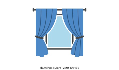 This image depicts blue curtains with tiebacks presented as a flat vector silhouette against a white background.