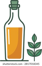 This image depicts a bottle filled with orange liquid, likely olive oil, alongside a sprig of green leaves, presented as a colorful vector