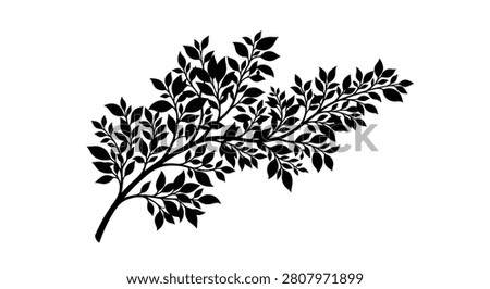 This image depicts a branch with leaves presented as a detailed black silhouette. The silhouette style creates a stark contrast against the white background. It is a graphic representation of natural foliage.