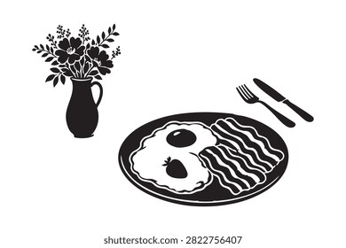 This image depicts a breakfast arrangement, including fried eggs, bacon, a plate, and a vase of flowers. The entire composition is rendered as a black silhouette against a white background, creating a stark and graphic aesthetic.