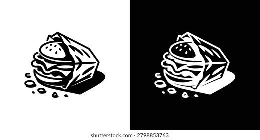 This image depicts a burger with a paper wrapper in silhouette style, presented on both white and black backgrounds.