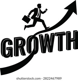 This image depicts a businessman running up an arrow with the word growth, presented as a bold black silhouette against a white background.