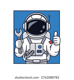 This image depicts a cartoon astronaut in a white spacesuit, holding a wrench and giving a thumbs up. The astronaut is set against a blue background and is wearing a helmet with a black visor. The image is a playful representation of space exploration and maintenance work.