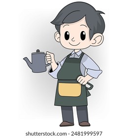 This image depicts a cartoon barista character with dark hair, smiling and holding a coffee pot.