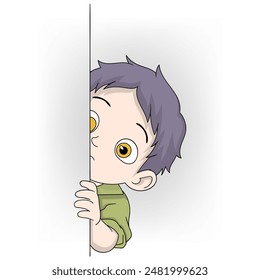 This image depicts a cartoon child with purple hair peeking around a corner, participating in a game of hide and seek.