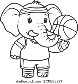 Esta imagem retrata um elefante de desenho animado vestindo traje esportivo, jogando entusiasticamente basquete com um grande sorriso, mostrando uma cena divertida e animada que combina animais e esportes de uma forma criativa.