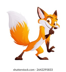 This image depicts a cartoon fox with orange fur and a white tail, holding a finger to its lips, indicating silence, and has a sly expression.