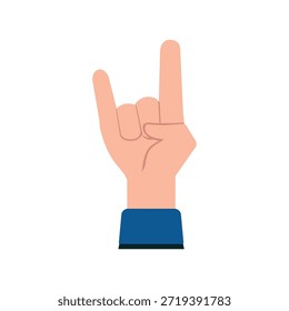 Dieses Bild zeigt eine Cartoon-Hand, die eine Rock and Roll-Geste mit zwei Fingern nach oben macht. Die Hand trägt einen blauen Ärmel und ist auf einfarbigem, weißem Hintergrund eingestellt. Die Illustration ist einfach, dennoch lebendig und auffällig, sodass sie perfekt für den Einsatz in einer Vielzahl von kreativen Projekten geeignet ist.
