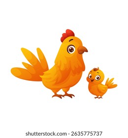 This image depicts a cartoon illustration of a rooster and a chick. They are both orange and have big, expressive eyes. They are on a white background.