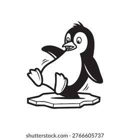 This image depicts a cartoon penguin cheerfully waddling on a small ice floe. The black-and-white design and distinctive silhouette style create a playful and iconic image.