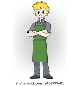 This image depicts a cartoon waiter with blonde hair standing confidently with arms crossed.