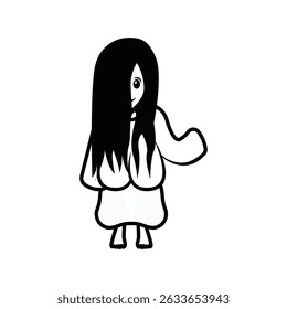 This image depicts a cartoon-style Wewe Gombel with long hair, wearing a white dress, looking creepy yet cute.