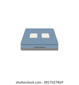 This image depicts a cassette tape, a magnetic storage medium, as a flat vector illustration. The tape features two rectangular openings and a minimalist blue and grey color scheme. It is isolated on