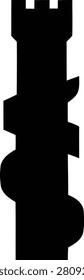 This image depicts a castle silhouette in black against a white background. The graphic features a simplified representation of a fortified structure with towers and walls.