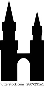 This image depicts a castle silhouette in black against a white background. The structure features two towers with pointed spires connected by a central archway.