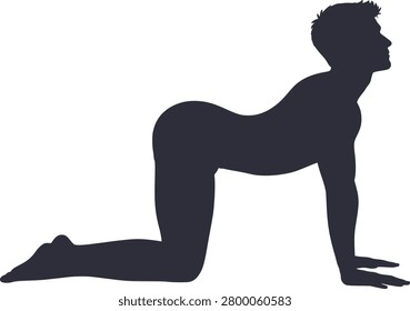 This image depicts a cat cow yoga pose as a dark silhouette. The vector illustration shows a person in a quadruped position with a white background emphasizing the silhouette style.