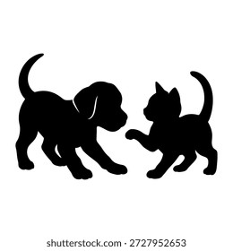 Esta Imagen representa una encantadora escena de un cachorro y un gatito jugando juntos. Las siluetas de los dos animales jóvenes se capturan en una postura lúdica, lo que sugiere una interacción amistosa. El cachorro parece estar llegando al gatito, mientras que el gatito se para en sus patas traseras, lo que aumenta la sensación de diversión y camaradería. El esquema de color blanco y negro le da a la Imagen una sensación atemporal y caprichosa.