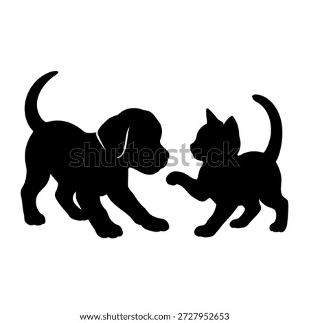 This image depicts a charming scene of a puppy and a kitten playing together. The silhouettes of the two young animals are captured in a playful stance, suggesting a friendly interaction. The puppy appears to be reaching out to the kitten, while the kitten stands on its hind legs, adding to the sense of fun and camaraderie. The black and white color scheme gives the image a timeless and whimsical feel.