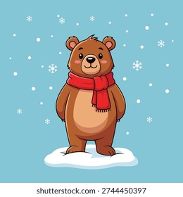 This image depicts a cheerful brown bear standing on a snowy surface, wearing a cozy red scarf, with snowflakes gently falling around it against a soft blue background