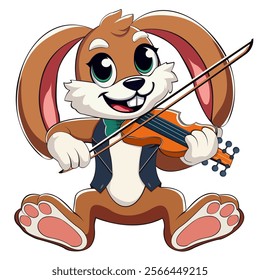 This image depicts a cheerful cartoon hare playing a violin. The hare has large expressive eyes, floppy ears, and is dressed in a smart black vest with a green bow tie, sitting cross-legged.