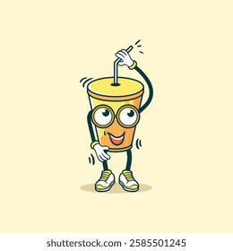 This image depicts a cheerful cartoon character designed as a yellow cup with a straw, wearing glasses and sneakers.