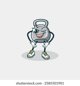 This image depicts a cheerful cartoon kettlebell winking and standing confidently in athletic shoes.